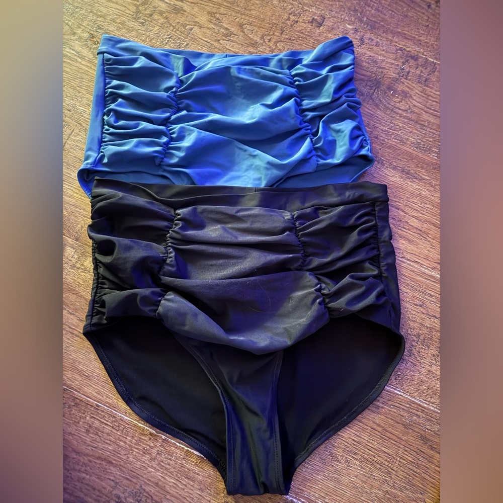 Shapermint Blue and Black High-Waist Ruched Bikini Bottoms